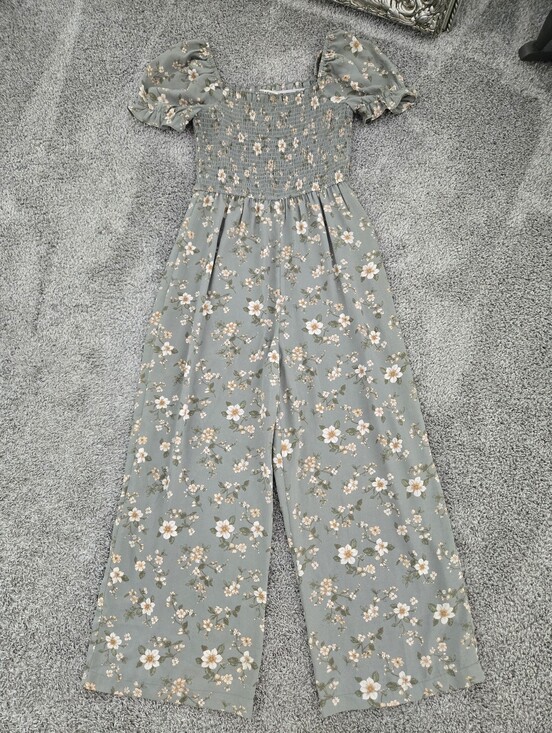Inspired Hearts Pants - Inspired Hearts smocked bodice sage green floral jumpsuit. Size Medium